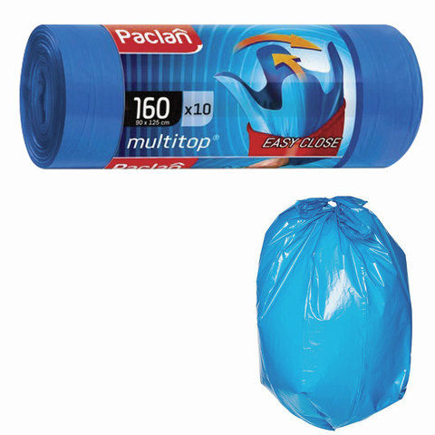 Мешки для мусора 160 л, с ушками, синие, рулон 10 шт., ПВД, 30 мкм, 90х125 см, PACLAN "Multitop"