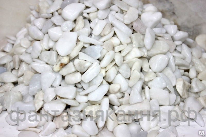 Галька мраморная белая 10-20 мм в мешках 25 кг (фк-с), Гладкая, обработанная