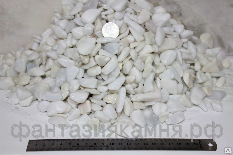 Галька мраморная белая 10-20 мм в мешках 25 кг (фк-с), Гладкая, обработанная 2