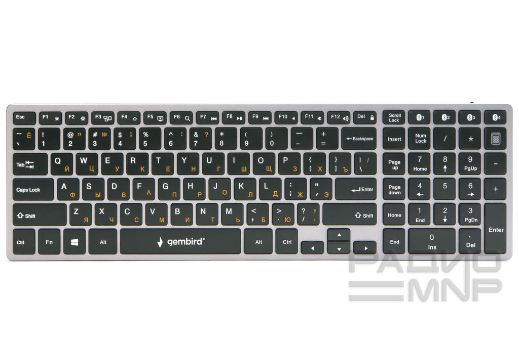 Клавиатура беспроводная Bluetooth,106кл., ножничный механизм, бесшумная, серебристо-чёрная "Gembird"