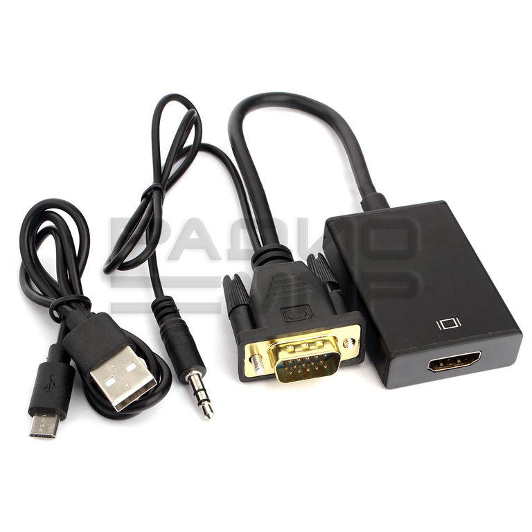 Переходник шт. VGA - гн. HDMI + гн.3,5мм, питание от USB, провод 15см. "Cablexpert" 1