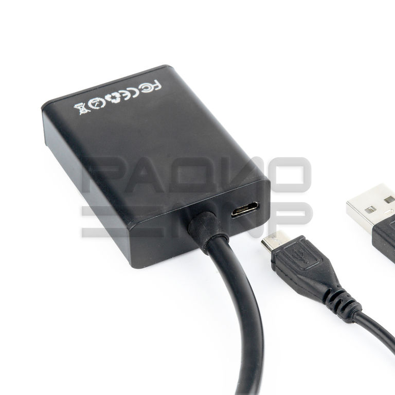 Переходник шт. VGA - гн. HDMI + гн.3,5мм, питание от USB, провод 15см. "Cablexpert" 2