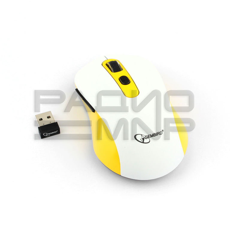Мышь компьютерная беспроводная "Gembird" MUSW-221-Y, 5кн.+колесо кнопка, 800,1200,1600DPI, 2.4ГГц (бело-жёлтая) 1