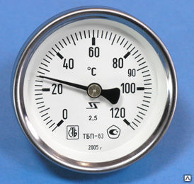 Термометр биметаллический осевой ТБП63/50/Т(0-120гр.С) с гильзой