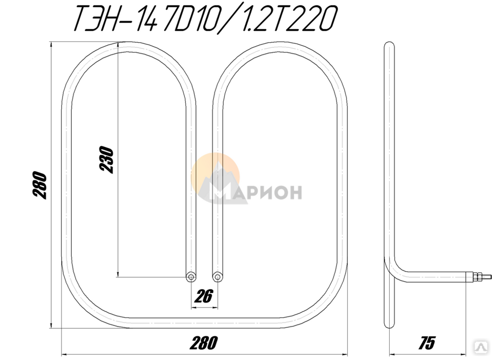 Т 220 2. ТЭН 196 F 16/2.44 Т 380 чертеж № 141 ООО ПК Марион(+гайки,шайбы,прокладки).