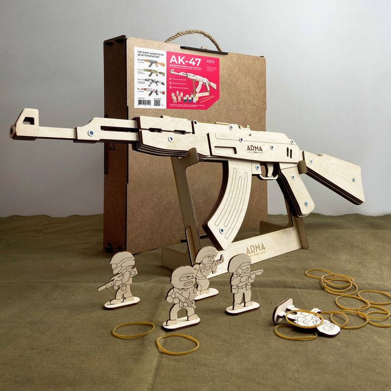 Деревянный автомат стреляющий резинкострел макет-раскраска АК-47